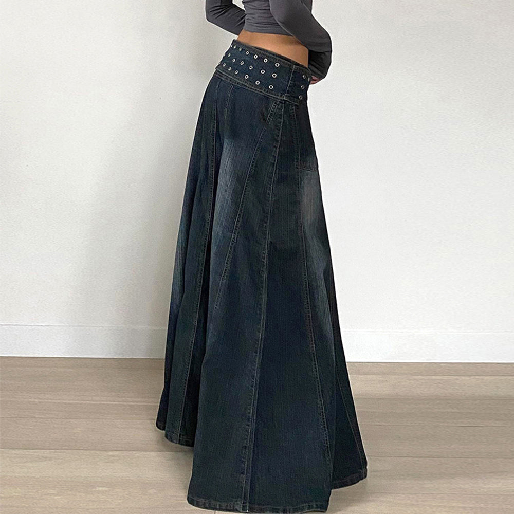 downtown belted denim maxi skirt