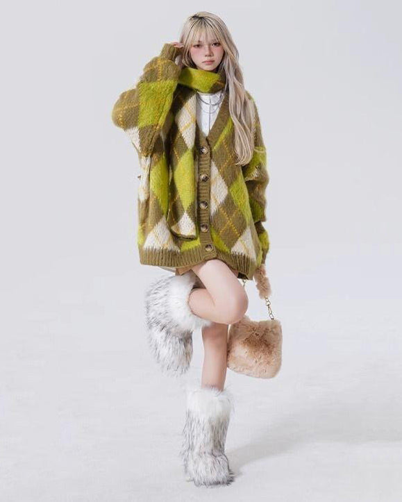 warm vibes green argyle cardigan sweater